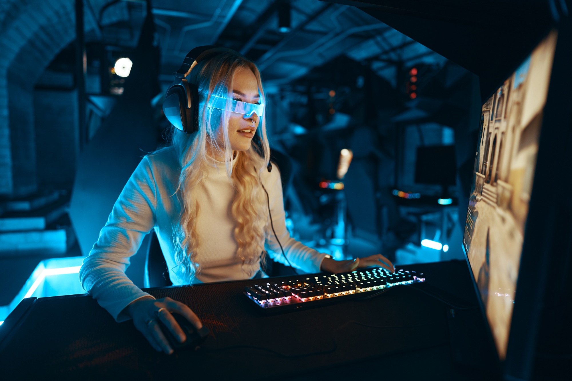 The streamer in glowing neon glasses was getting ready to start the game.
